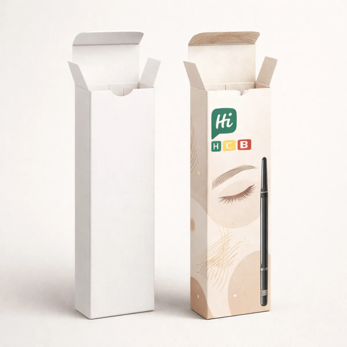 Sturdy cardboard counter-top display boxes designed to showcase multiple eyebrow pencils in an organised retail layout-
